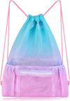 Nidoul Mesh Drawstring Bag with Zipper Pocket, Beach Bag for Swimming Gear Backpack Gym Storage Bag for Adult Kids (Pink Blue)