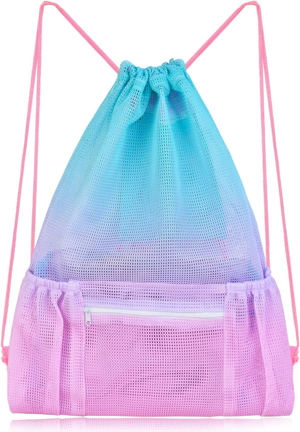 Nidoul Mesh Drawstring Bag with Zipper Pocket, Beach Bag for Swimming Gear Backpack Gym Storage Bag for Adult Kids (Pink Blue)