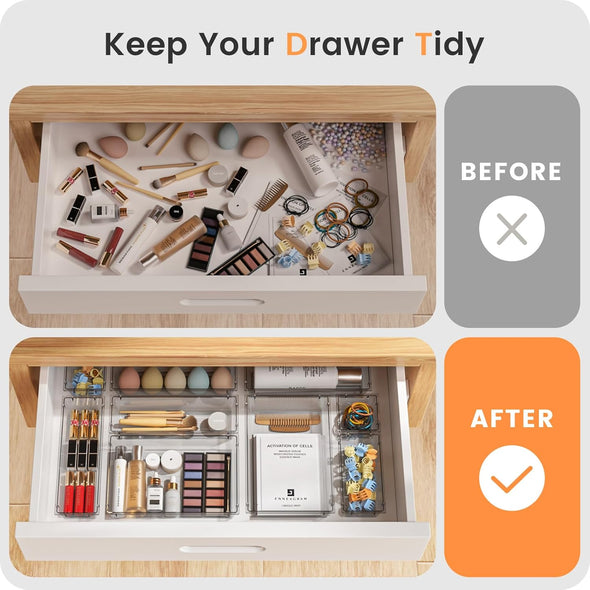 A-Lugei 【Crystal Design】 Clear Desk Drawer Organizer,【Military Grade】 Acrylic Makeup Organizer, Bathroom Organizers and Storage, Drawer Divider for Office Kitchen Bedroom Vanity Jewelry Pantry Garage