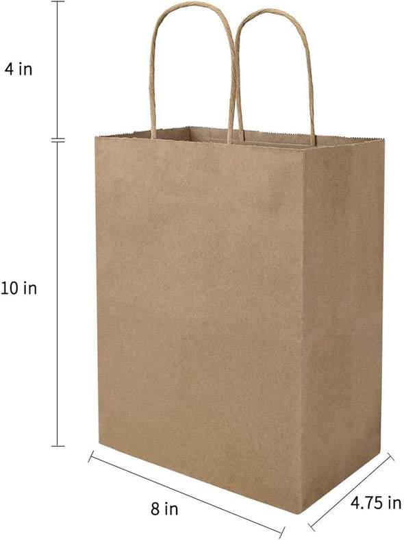 Bagmad 100 Pack 8X4.75X10 Inch Plain Medium Paper Bags with Handles Bulk, Brown Kraft Craft Gift Bags, Grocery Shopping Retail Birthday Party Favors Wedding Sacks (Natural Brown, 100Pcs)