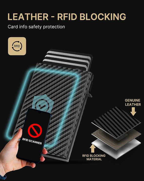 Mens Wallet Card Holder: Pop up Aluminum Case, Genuine Leather, Smart, RFID Blocking, Slim, Minimalist, Front Pocket - 9-14 Card Capacity | ID Window | Cash Slot (Carbon Fiber)