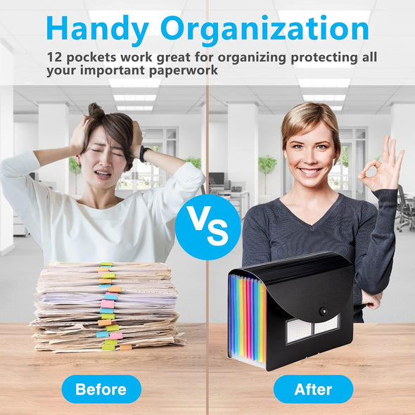 Sooez Accordion File Organizer, 13 Pockets Expanding File Folder, Portable Monthly Paper Bill Tax Receipt Organizer, Letter A4 Size Document Holder with Blank Labels, Black