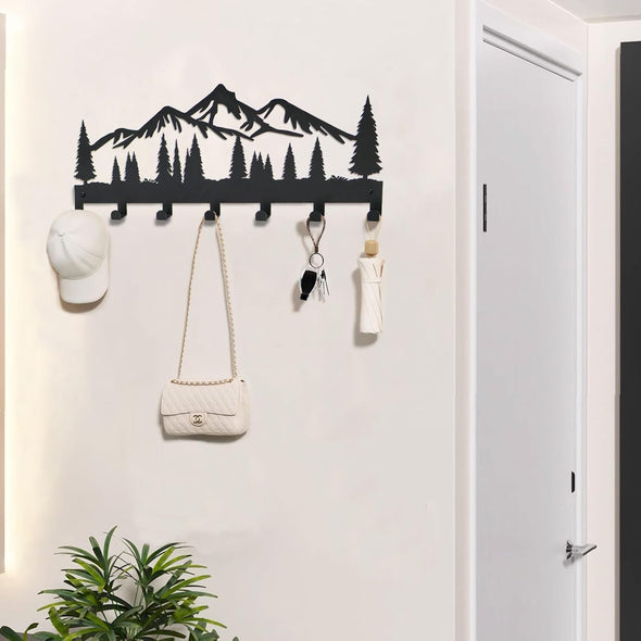 Key Holder for Wall | Metal Key Holder Hooks Organizer Rack | Metal Key Organizer Wall Decorative with 7 Hooks for Entryway, Front Door, Hallway, Kitchen, Office (12 Inches, Mountain)