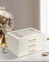 Vlando Jewelry Box for Women, Glass Lid Jewelry Organizer with 3 Drawers for Necklaces Rings Earrings Bracelets Mother Day Gift for Mom - Cloud White