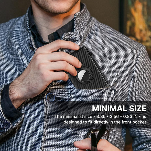 Mens Smart Wallet Card Holder for Airtag: Leather, Compatible with Apple Air Tag, RFID Blocking, Slim, Carbon Fiber, Minimalist - 9-14 Card Capacity | ID Window | Cash Slot (Black)