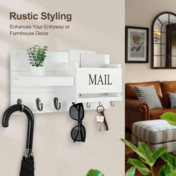 Mail Organizer for Wall Mount – Key Holder with Shelf Includes Letter Holder and Hooks for Hallway Farmhouse Decor – Rustic Wood with Flush Mounting Hardware (16.5” X 9.1” X 3.4”) (White)