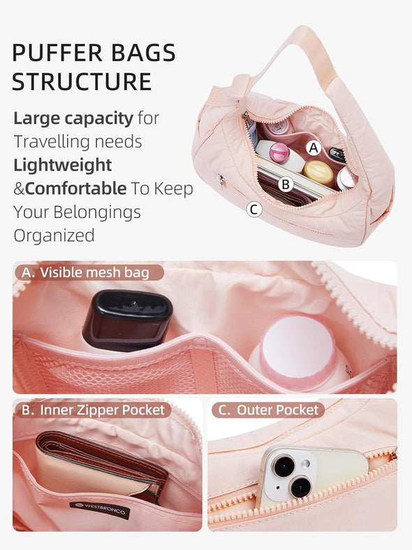 WESTBRONCO Small Puffer Crescent Shoulder Bag for Women, Nylon Quilted Shoulder Purses, Puffy Handbags with Adjustable Strap