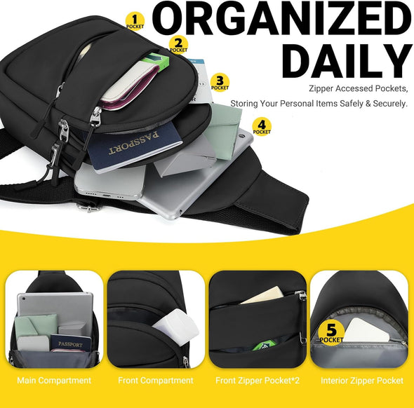 Crossbody Bags for Women, Sling Bag for Men, Small Hiking Backpack anti Theft Lightweight for Outdoors Travel (M, Black)