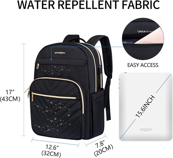 VANKEAN 15.6 Inch Laptop Backpack for Women Men Work Bag Fashion with USB Port, Waterproof Backpacks Nurse Stylish Travel Bags Casual Daypacks for College, Business, Black