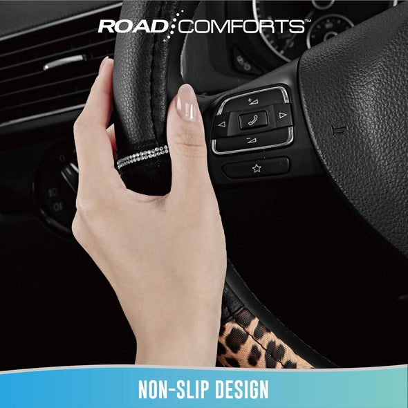 Road Comforts Leopard Steering Wheel Cover - Made with PVC Leather Cheetah Print - Anti-Slip, Universal Fit 14 1/2 Inches to 15 Inches - Black