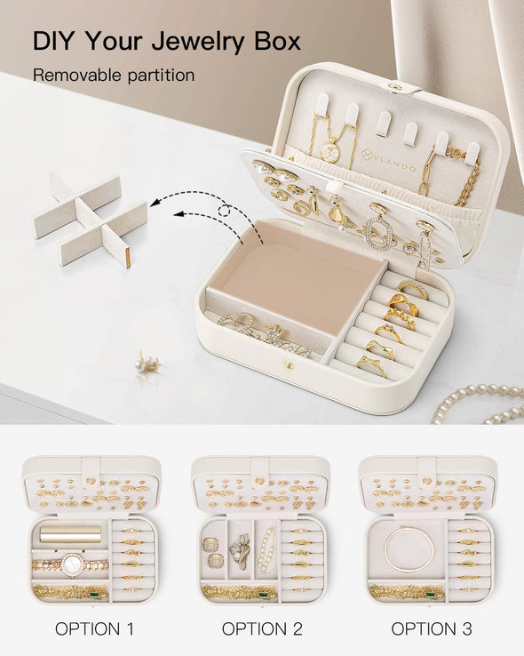 Vlando Travel Jewelry Case for Mothers Day Teacher Appreciation Gifts, PU Leather Portable Small Jewelry Box for Rings, Necklaces, Bracelets, Earring Holder Organizer for Women Girls - Beige