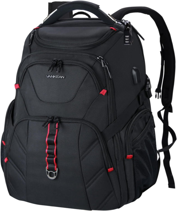 VANKEAN 17.3'' Travel Laptop Backpack TSA Friendly, Water Resistant anti Theft Extra Large College Backpacks with RFID Pockets, USB Port for Men Women Business Work Bag, Black