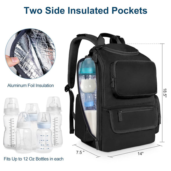 Mancro Diaper Bag Backpack, Multifunctional Dad Diaper Bag with 2 Side Insulated Pockets, Travel Water Resistant Baby Diaper Backpack for Men Women with Stroller Straps, Black
