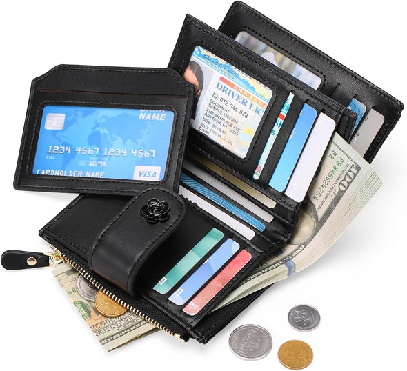Small Wallets for Women Leather Bifold Wallet Women RFID Blocking Purse Credit Card Holder with 15 Card Slots and ID Window Coin Pocket