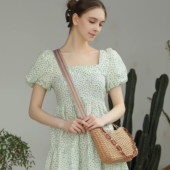 Herald Small Handmade Straw Pocketbook Crossbody Bag for Women, Summer Chic Woven Handbag Shoulder Purse with Chain