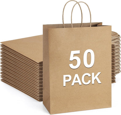 Bagdream Gift Bags 10X5X13 50Pcs Brown Kraft Paper with Handles - Merchandise, Retail, Party Favor, Shopping Bulk 100% Recycled Paper Sacks