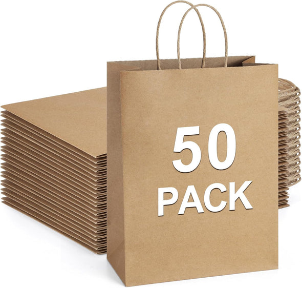 Bagdream Gift Bags 10X5X13 50Pcs Brown Kraft Paper with Handles - Merchandise, Retail, Party Favor, Shopping Bulk 100% Recycled Paper Sacks