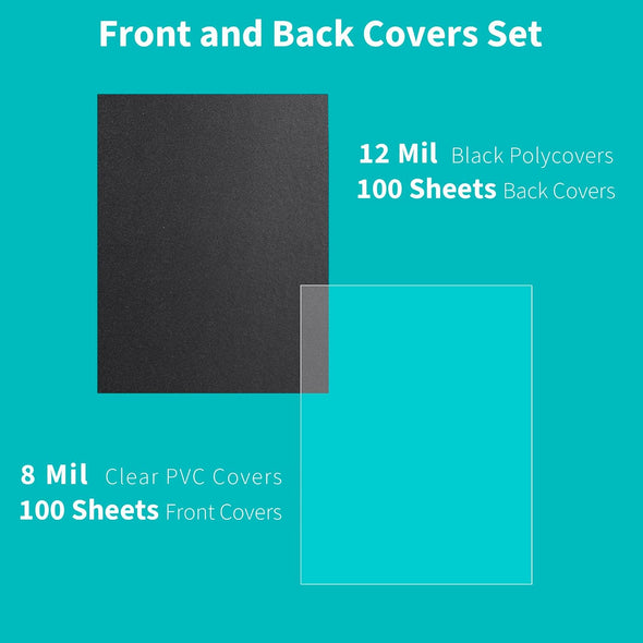 Binditek 200 Pack Binding Covers and Backs Set, 8.5 X 11 Inches, 100 Clear PVC (8Mil), 100 Sand-Textured Polycovers (12Mil), Letter Size
