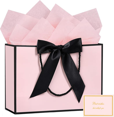 JMANNI Gift Bags, Large Gift Bags, 1Pcs Paper Gift Bag with 2 Tissue Paper and 1 Greeting Cards, Present Bags with Handles for Women Girls Bridesmaid Birthday Valentines Wedding Party (Black-Pink)