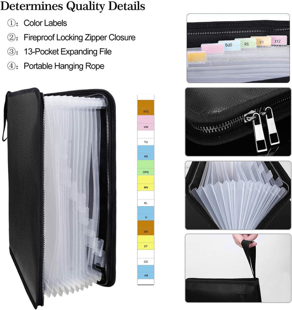 ENGPOW Fireproof File Folder Fireproof Fire and Water Resistant Money Document Bag with A4 Size 13 Pockets Zipper Closure Non-Itchy Silicone Coated Portable Filing Organizer Pouch(14.3" X 9.8")