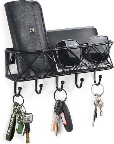 Happyhapi Key Holder for Wall Decorative, Entryway Key Hooks, Wall Mounted Key Rack with 5 Hooks, Metal Wire Mesh Basket Mail Holder, 9.8”Lx2.1”Wx4.1”H
