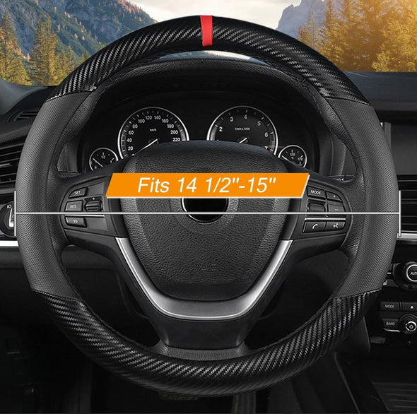 KAFEEK Car Steering Wheel Cover Men,Universal 15 Inch, Microfiber Leather Carbon Fiber Black Steering Wheel Accessories, Anti-Slip, Odorless, Breathable, Black