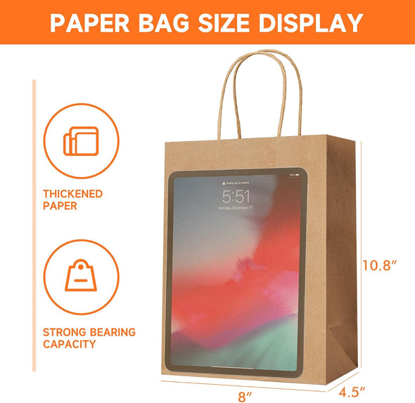 METAPRINT 100 Pack 8X4.5X10.8 Inch Medium Paper Gift Bags with Handles Bulk, Brown Kraft Paper Bags for Grocery Shopping Retail, Birthday, Party Favors, Wedding
