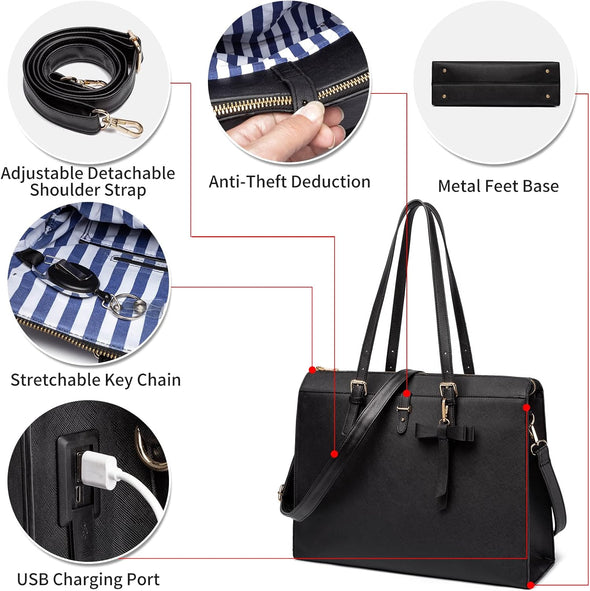 Keyli 4Pc Sets Laptop Bag for Women Large Leather Laptop Briefcase with USB Charging Port Computer Shoulder Tote Bags Purse