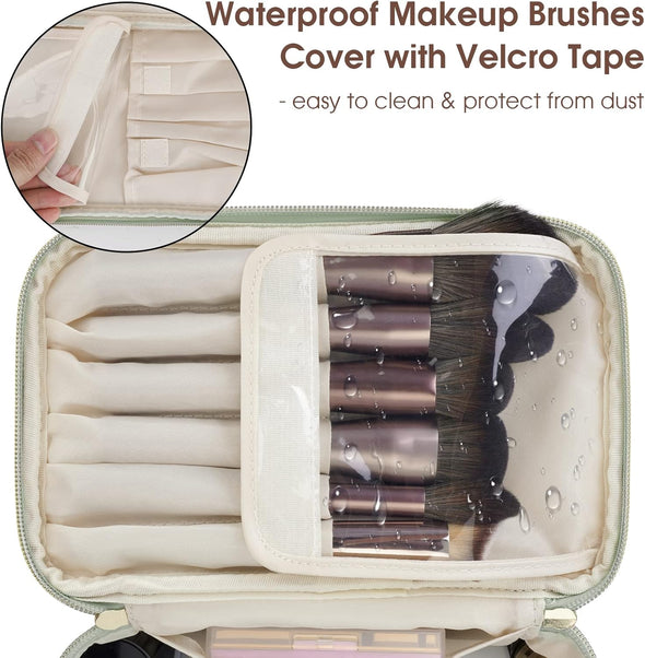 Wandering Nature Makeup Bag, Travel Make up Organizer Cosmetic Brush Bags Case for Women in Vegan Leather, Sage Green, Patent Pending