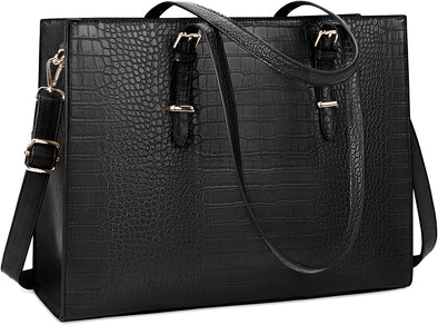 Laptop Bag for Women 15.6 Inch Laptop Tote Bag Leather Classy Computer Briefcase for Work Waterproof Handbag Professional Shoulder Bag Women Business Office Bag Large Capacity Black