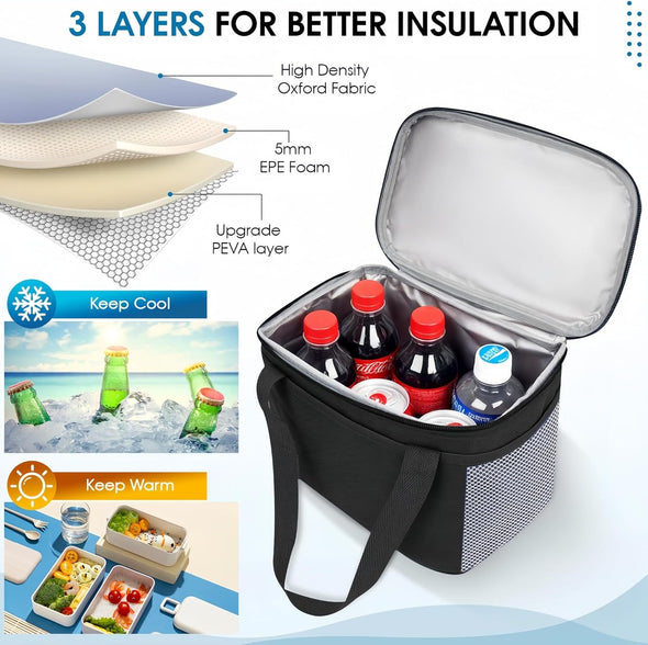 Reusable Lunch Box Lunch Bag for Women Men Insulated Lunch Bag Women Lunch Cooler Tote Bags for Office Work Picnic Outdoor Travel, Black