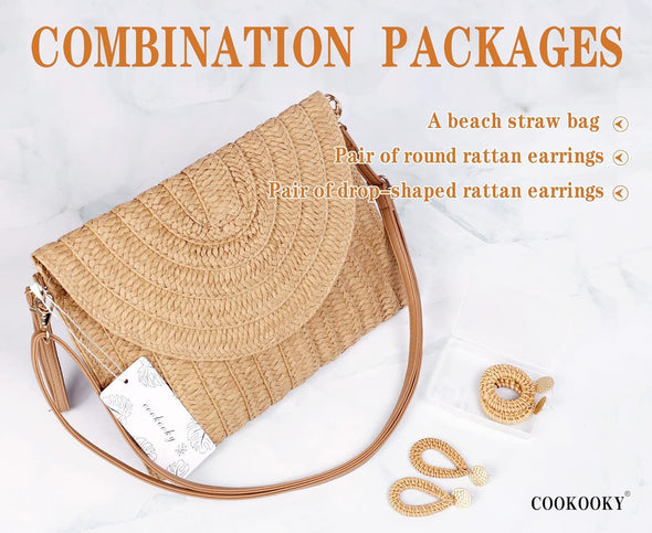 COOKOOKY Straw Clutch Handbag Summer Beach Straw Purse for Women Woven Envelope Bag