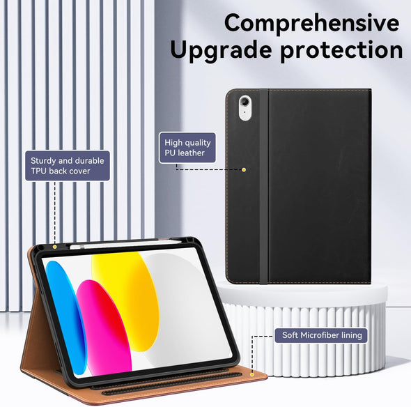 OKP Case for Ipad A16 11Th Generation 2025 / 10Th Gen Case 2022, for 11 Inch / 10.9 Inch Ipad Multi-Angle Viewing PU Leather Stand Cover with Pencil Holder & Pocket, Auto Sleep/Wake, Black Brown