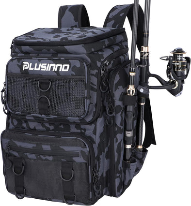 PLUSINNO Fishing Backpack with Rod Holders Tackle Box, 42L Large Water-Resistant Fishing Tackle Bag Store Fishing Gear