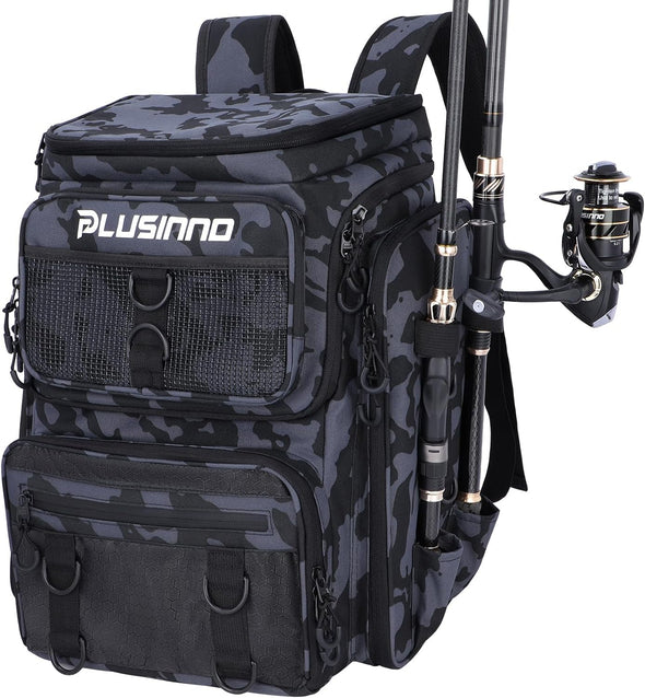 PLUSINNO Fishing Backpack with Rod Holders Tackle Box, 42L Large Water-Resistant Fishing Tackle Bag Store Fishing Gear
