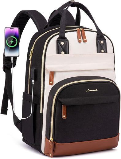 LOVEVOOK Backpack for Women, Fits 15.6 Inch Laptop Bag, School Backpacks, Fashion Travel Work Anti-Theft Bag, Business Computer Waterproof College Backpack Purse, Beige-Black-Brown