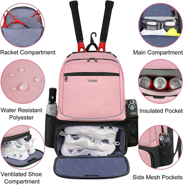 Ytonet Tennis Bag Tennis Backpack for Women Men 2 Rackets with Insulated Pocket Ventilated Shoe Compartment