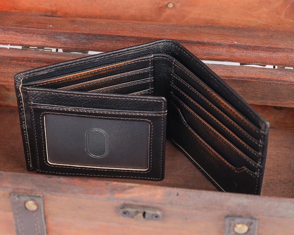 DK86 Mens Wallet USA Flag Bifold Wallet for Men RFID Blocking Full Grain Leather with Hand Burnished Extra Capacity Multiple Card Slots with 2 ID Windows