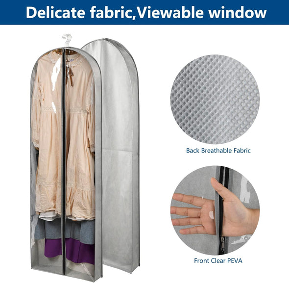 3 Pack 60" Long Garment Bags for Hanging Clothes Storage, Clear Moth Proof Suits Covers with 4" Gussets for Closet Storage Travel, Plastic Protector for Dress Gowns, Coats, Suit, down Jacket
