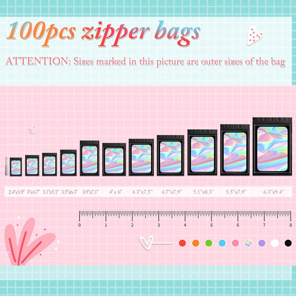 Funfery 100 Pcs Black Mylar Holographic Bags Packaging Bags,Clear Resealable Bag Foil Pouch Bag for Food Storage and Lipgloss,Jewelry,Eyelash Packaging for Small Business(2.4X3.9Inch)