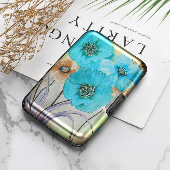 ELFISH Mini RFID Aluminum Wallet Credit Cards Holder Business Card Case Metal ID Case for Men Women(Blue Flower)