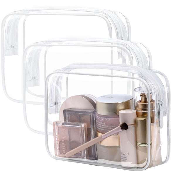 PACKISM Clear Toiletry Bag, 3 Pack TSA Approved Toiletry Bag Quart Size Bag, Travel Makeup Cosmetic Bag for Women Men, Carry on Airport Airline Compliant Bag, White (For Age 12 or Above)