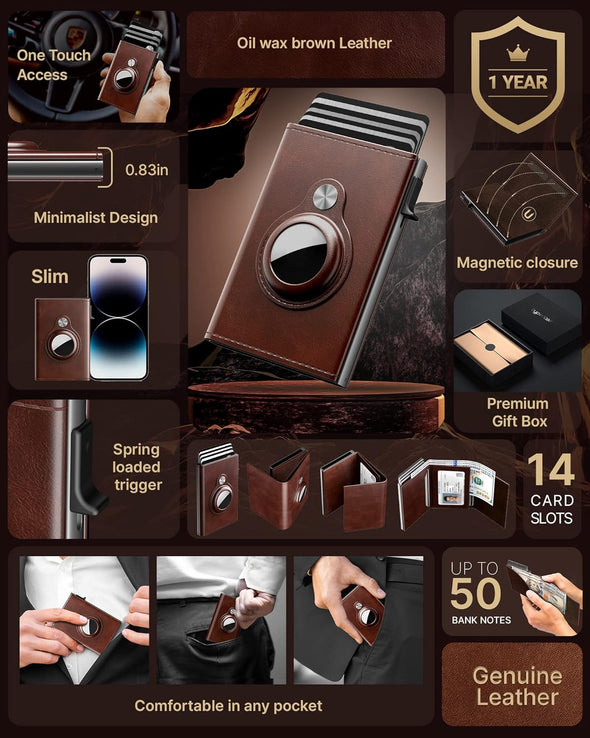 Mens Wallet Card Holder for Airtag: Leather Smart Wallet for Men Compatible with Apple Air Tag, RFID Blocking, Slim, Minimalist - 9-14 Card Capacity | ID Window | Cash Slot (Brown)