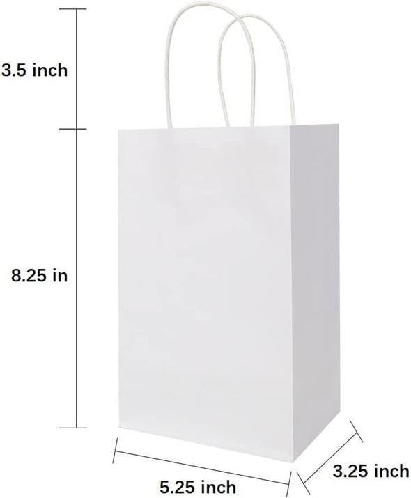 Oikss 100 Pack 5.25X3.25X8.25 Inch Small White Kraft Paper Bags with Handles Bulk for Birthday Wedding Party Favors Grocery Retail Shopping Business Goody Craft Gift Bags Cub Sacks (100Pcs Count)