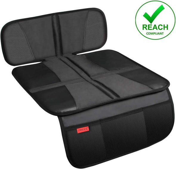 Car Seat Protector - Seat Protection Mat - Thick Padding - Durable, Waterproof Fabric, Leather Reinforced Corners & 3 Pockets for Handy Storage Black