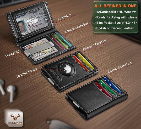 BULLIANT Men Airtag Wallet,Slim Wallet Money Clip Card Holder Magnetic Closure 12 Cards in Front Pocket RFID Blocking