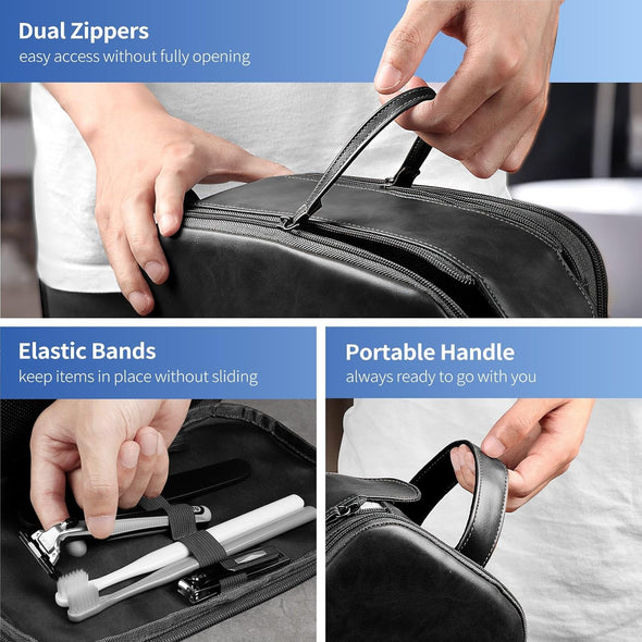 HOTOR Travel Toiletry Bag - Water Resistant Travel Essentials for Women and Men, Compact Leather Toiletries Organizer with Handle, Versatile Cruise Ship Essentials, Black, Medium