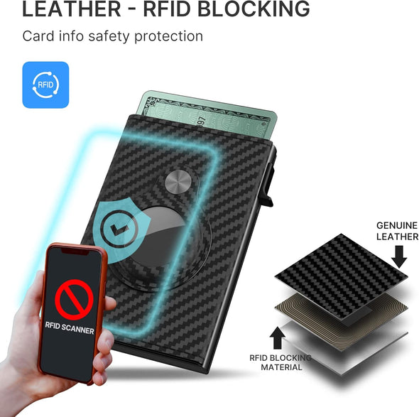 Mens Smart Wallet Card Holder for Airtag: Leather, Compatible with Apple Air Tag, RFID Blocking, Slim, Carbon Fiber, Minimalist - 9-14 Card Capacity | ID Window | Cash Slot (Black)