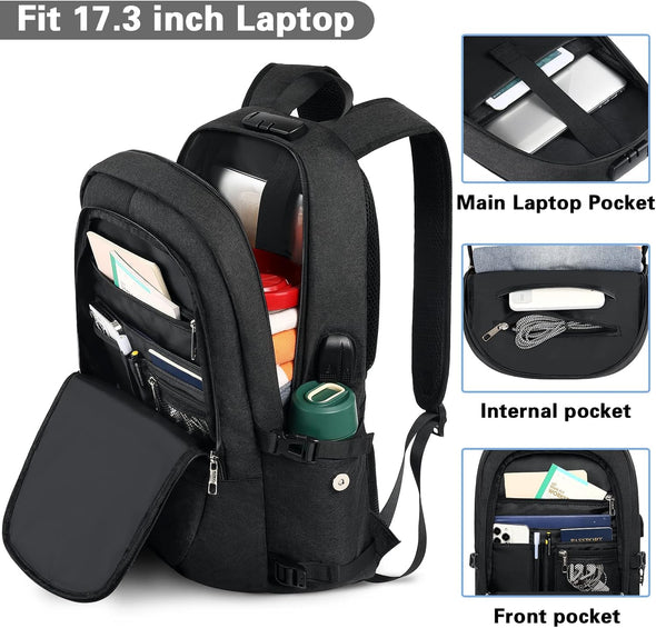 AMBOR Travel Laptop Backpack for Ｍen, 15.6-17.3 Inch Laptop Backpack for School, anti Theft Business Work Backpack with USB Charging Port, Water Resistant College Computer Bag for Men & Women, Black