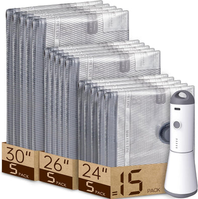 Vacuum Bags for Travel with Rechargeable Air Pump, 15 Pack Carry-On Size Compression Packing Bags for Luggage and Suitcase, Space Saver for Clothes and Clothing Travel